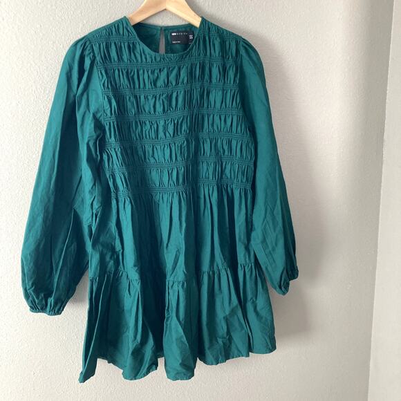 ASOS Design Cotton Shirred Mini Smock Dress - Green - 6 - Picture 8 of 8